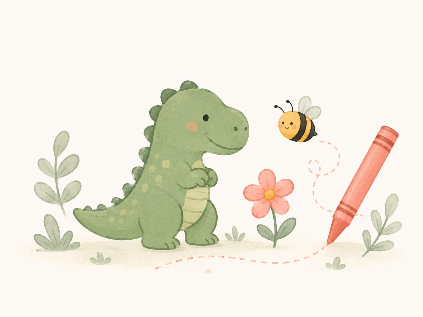 A friendly dinosaur, a bee, a flower, and a red crayon