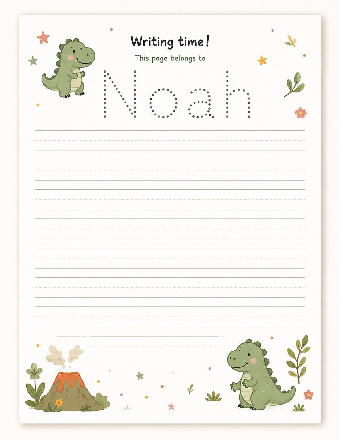 Writing time worksheet with dinosaurs and the name Noah to trace