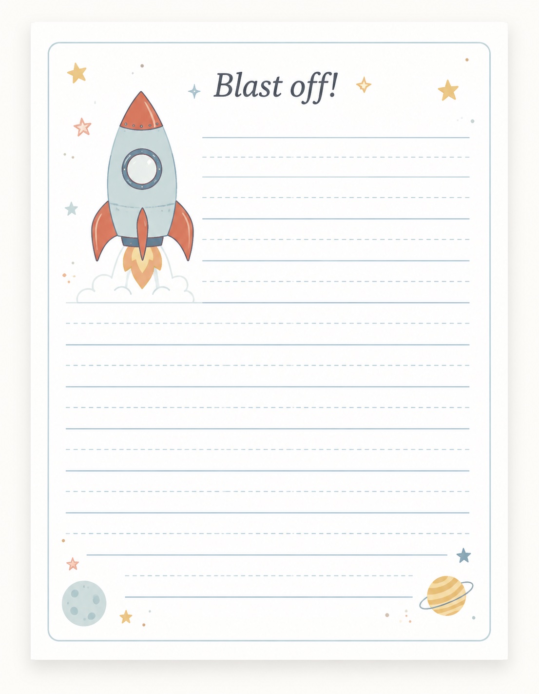 Blast off space handwriting page with a rocket, moon, and lined writing guides