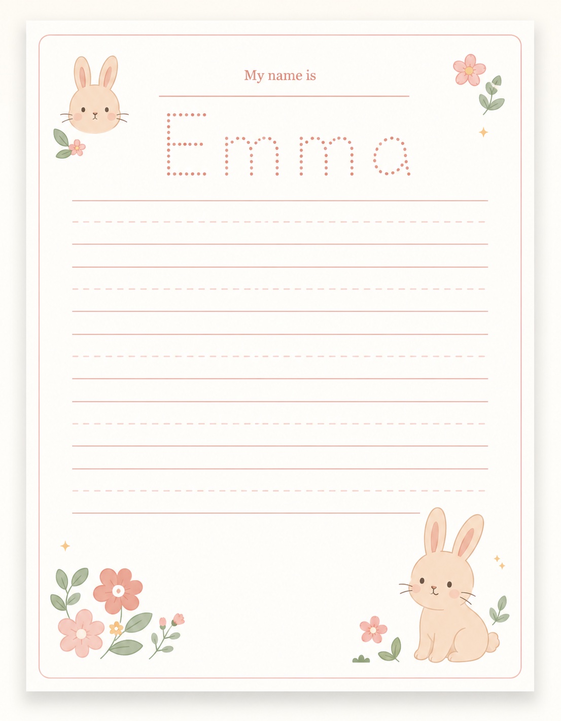 My name is Emma bunny tracing page with handwriting lines
